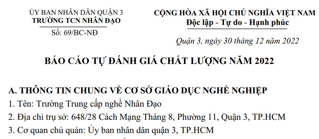 Báo cáo tự đánh giá  chất lượng năm 2022