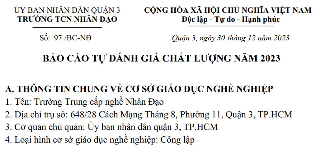 Báo cáo tự đánh giá  chất lượng năm 2023