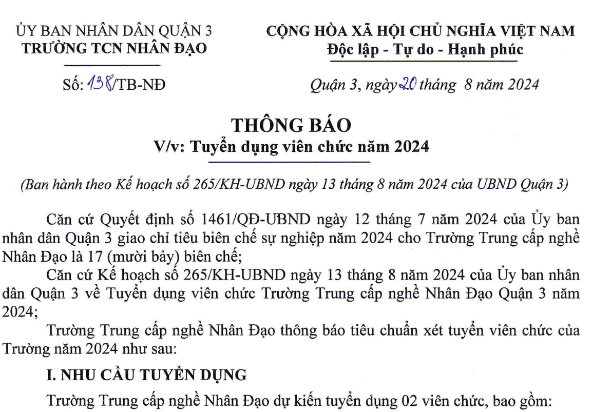 Thông báo Tuyển dụng viên chức năm 2024 - trường TCN Nhân Đạo